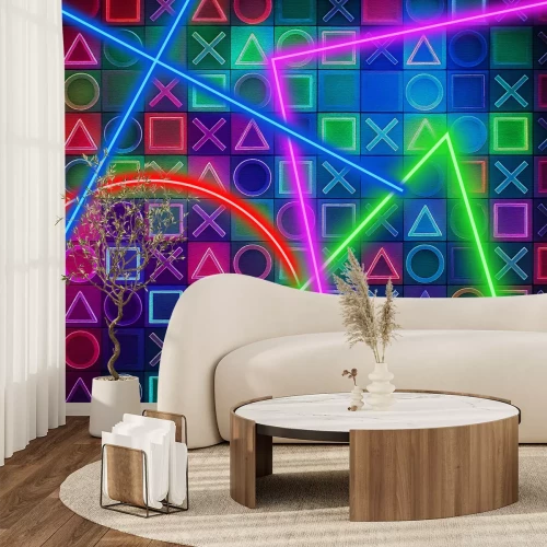 Fototapete 3D-Spielsymbole in Neonfarben