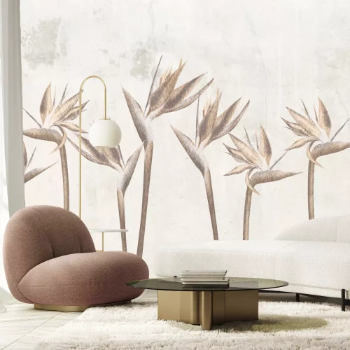 Fototapete Paradiesvogel-Strelitzia-Blumen auf einem strukturierten Hintergrund