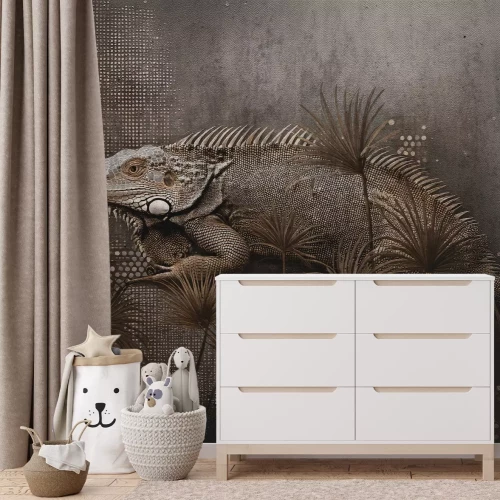 Fototapete Ein Chamäleon zwischen tropischen Blättern im Loft-Stil