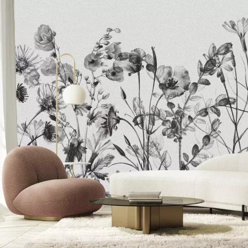 Fototapete Schwarz-weißes Wildblumen-Botanisches Muster