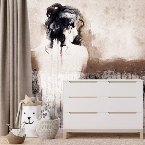 Fototapete Eine weibliche Silhouette auf einem strukturierten Aquarellhintergrund