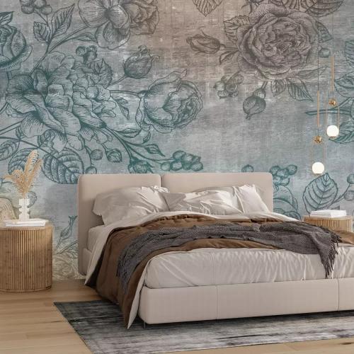 Fototapete Blumen Rosen auf Zweigen im Vintage-Stil