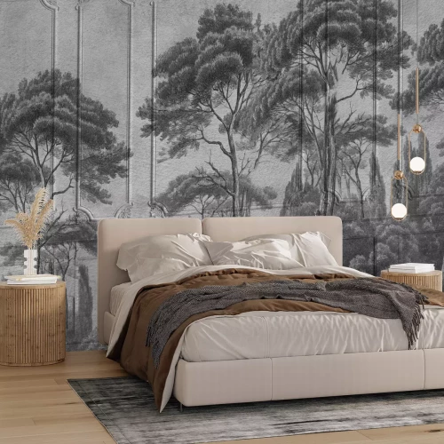 Fototapete Schwarz-weiße Waldlandschaft vor Stuckhintergrund