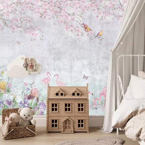 Fototapete Flamingos und Waldtiere zwischen bunten Blumen