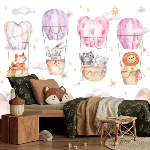 Fototapete Aquarellmuster mit Tieren und Luftballons für Kinder