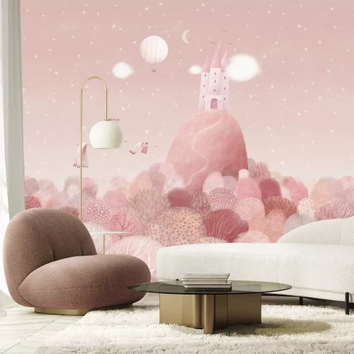 Fototapete Schloss auf einem Hügel rosa Märchenlandschaft