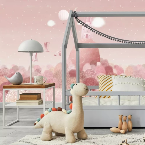 Fototapete Schloss auf einem Hügel rosa Märchenlandschaft