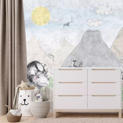 Fototapete Dinosaurier und eine tropische Landschaft mit Vulkanen