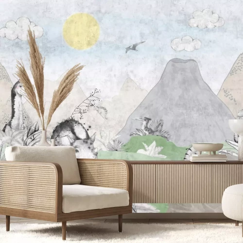 Fototapete Dinosaurier und eine tropische Landschaft mit Vulkanen