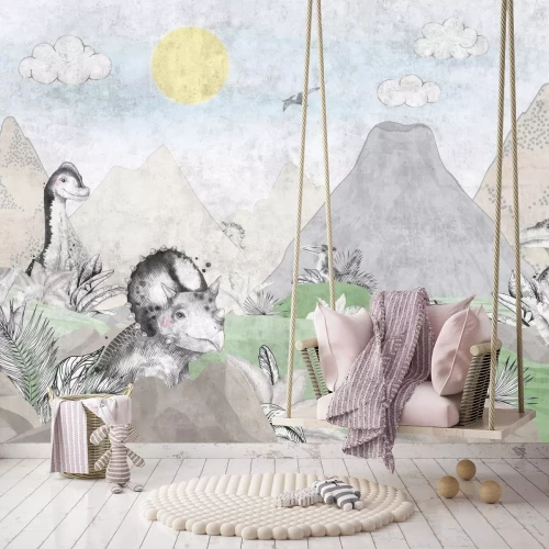 Fototapete Dinosaurier und eine tropische Landschaft mit Vulkanen