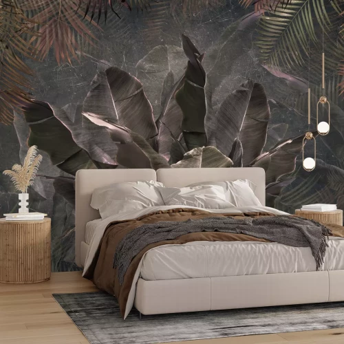 Fototapete 3D-Bananenbäume und Palmblätter auf dunklem Betonhintergrund