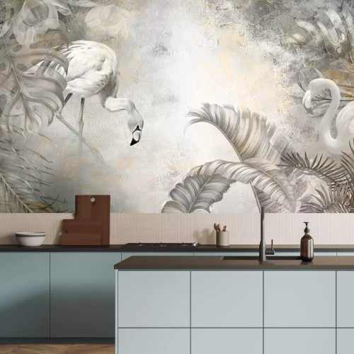 Fototapete Flamingos und tropische graue Blätter auf strukturiertem Hintergrund