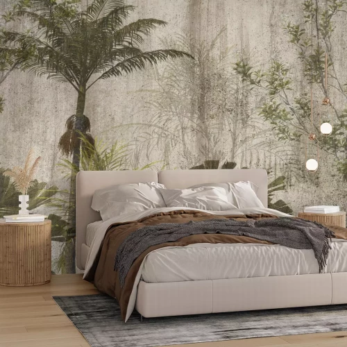 Fototapete Palmen auf strukturiertem Untergrund in Betonoptik