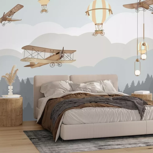 Fototapete Märchenlandschaft mit Luftballons und Flugzeugen für Kinder