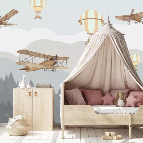 Fototapete Märchenlandschaft mit Luftballons und Flugzeugen für Kinder