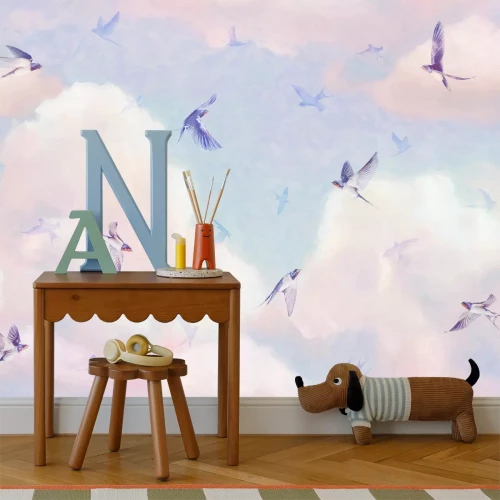 Fototapete Vögel vor einem pastellfarbenen Himmel mit Wolken