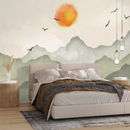Fototapete Sonnenaufgang und Vögel vor einem Aquarell-Landschaftshintergrund