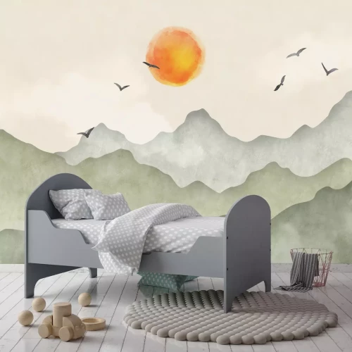 Fototapete Sonnenaufgang und Vögel vor einem Aquarell-Landschaftshintergrund