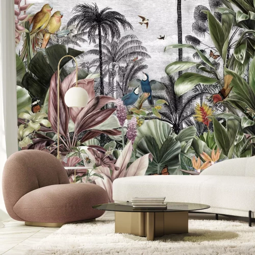 Fototapete Bunte tropische Pflanzen und Vögel im Dschungel