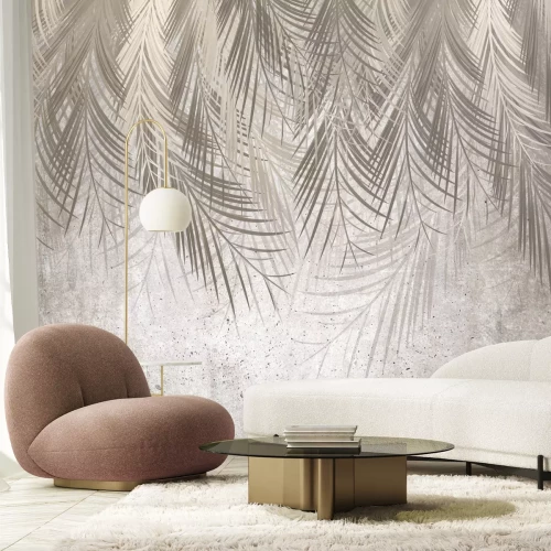 Fototapete Tropische Blätter hängen von oben auf einem strukturierten grauen Hintergrund