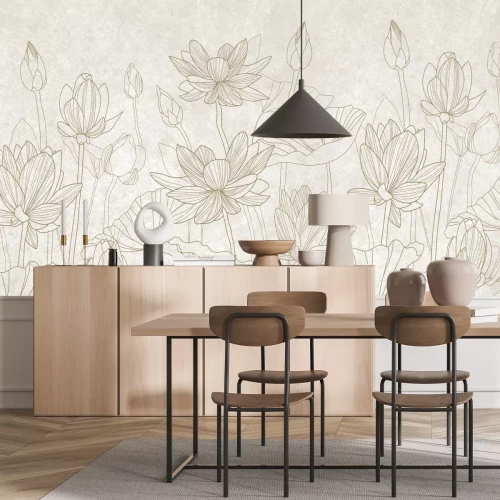 Fototapete Blätter und Seerosen auf beigem Hintergrund