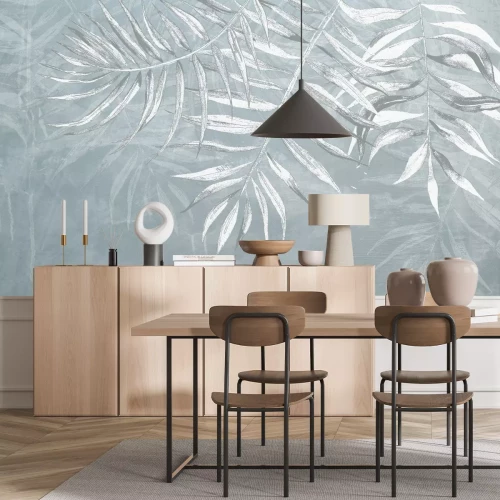 Fototapete Botanisches Muster der weißen und grauen Palmblätter