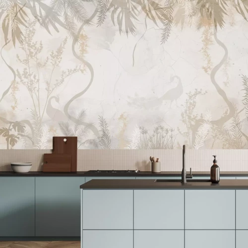 Fototapete Vögel in einer nebligen tropischen Dschungellandschaft