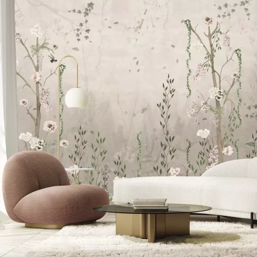 Fototapete Grüne Pflanzen und Blumen im Vintage-Stil