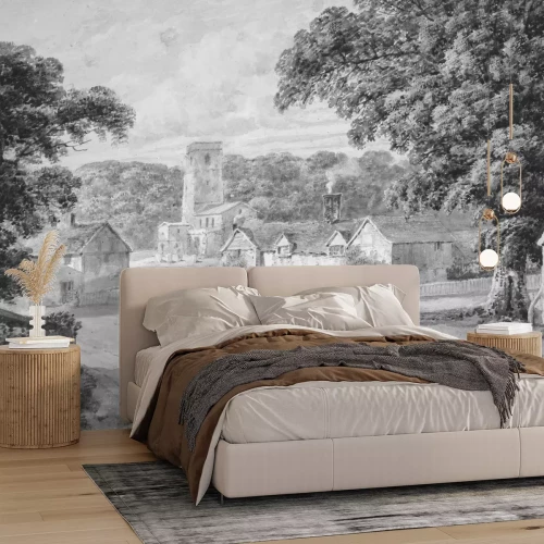 Fototapete Schwarz-weiße ländliche Landschaft mit einer Siedlung