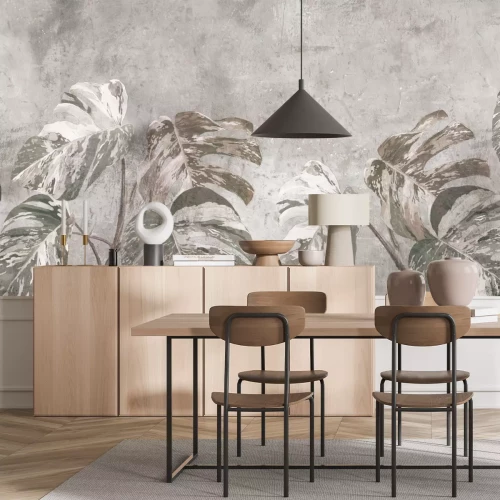 Fototapete Große Monstera-Blätter auf Beton, botanisches Muster