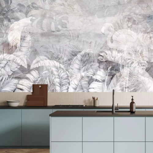 Fototapete Vegetation und Vögel auf einem strukturierten Hintergrund