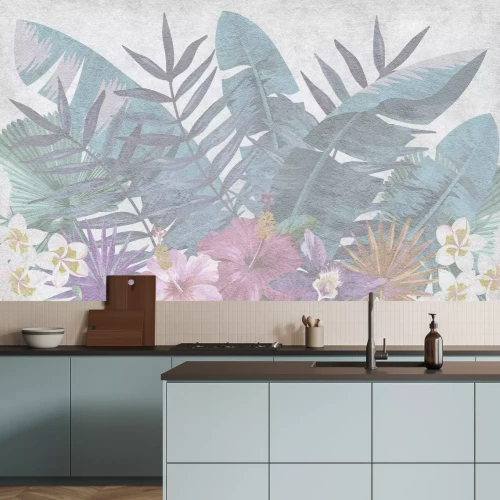 Fototapete Exotische Blumen und grüne Blätter