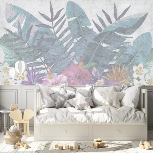 Fototapete Exotische Blumen und grüne Blätter