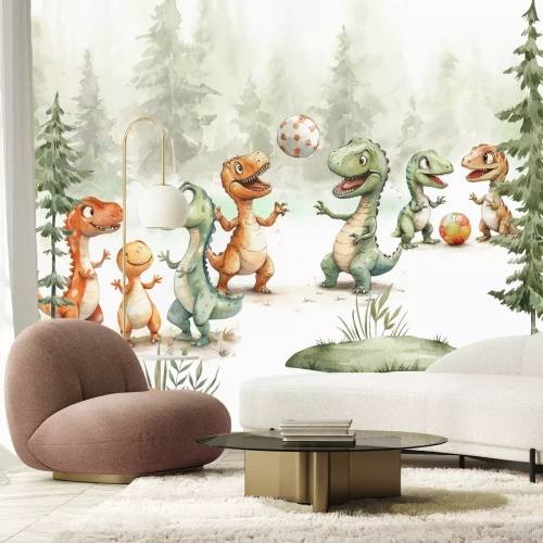 Fototapete Dinosaurier mit einem Ball in einem Aquarellwald