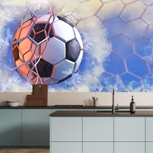 Fototapete Ein Ball im Netz auf blauem Hintergrund