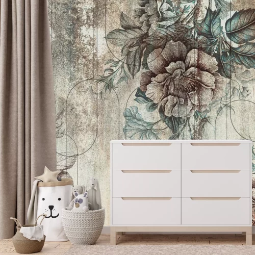 Fototapete Vintage-Muster mit Blumen und Geometrie