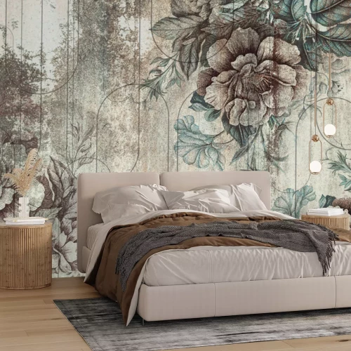 Fototapete Vintage-Muster mit Blumen und Geometrie