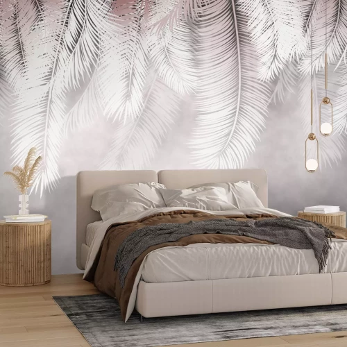 Fototapete Eine Komposition mit Federn auf hellgrauem Hintergrund