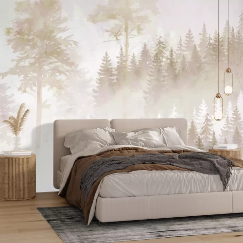 Fototapete Neblige Waldkomposition in Beigetönen