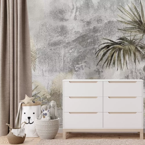 Fototapete Tropische Komposition aus Palmen und Bananenbäumen auf strukturiertem Hintergrund