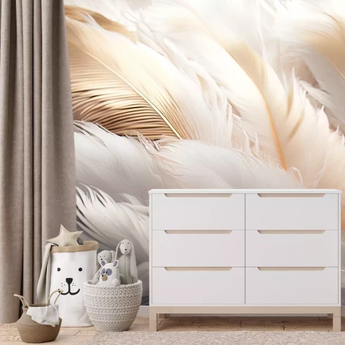 Fototapete Eine subtile Komposition aus weißen und goldenen Federn