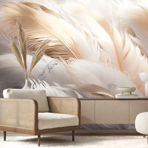 Fototapete Eine subtile Komposition aus weißen und goldenen Federn