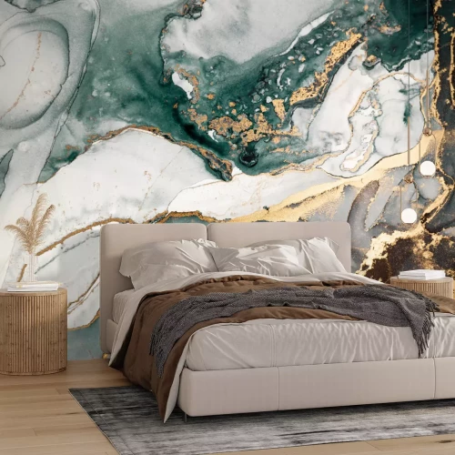 Fototapete Abstrakter Marmor mit grünen und goldenen Akzenten