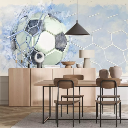 Fototapete Fußball in einem Netz auf blauem Aquarellhintergrund