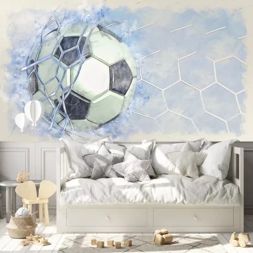 Fototapete Fußball in einem Netz auf blauem Aquarellhintergrund