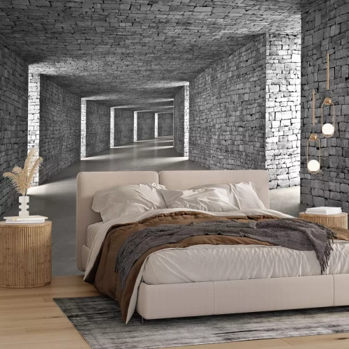 Fototapete 3D-Tunnel aus grauen Ziegeln