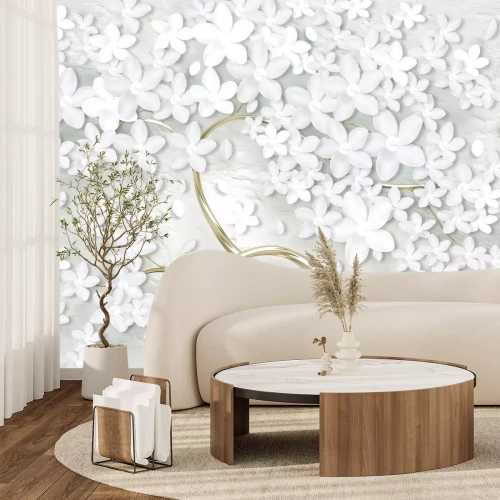 Fototapete Weiße Blüten an einem Baum mit 3D-Effekt