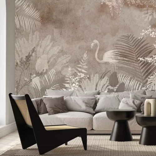 Fototapete Eine Komposition mit einem Flamingo inmitten tropischer Vegetation