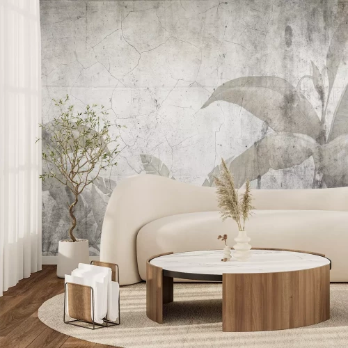 Fototapete Tropische Blätter auf einer rissigen alten Wandkomposition