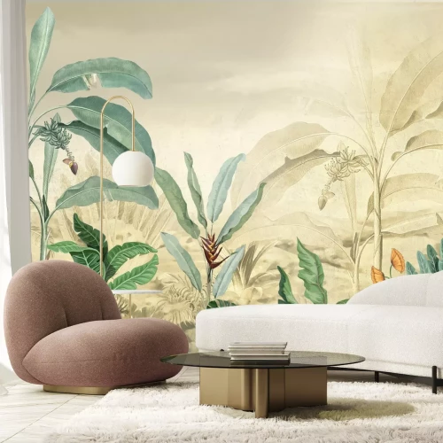 Fototapete Tropische Bäume und Blätter in einem nebligen Wald